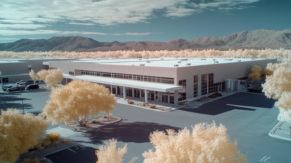 A commercial roof on a manufacturing plant in a location similar to Palm Springs with an infrared photography aesthetic (AI image)