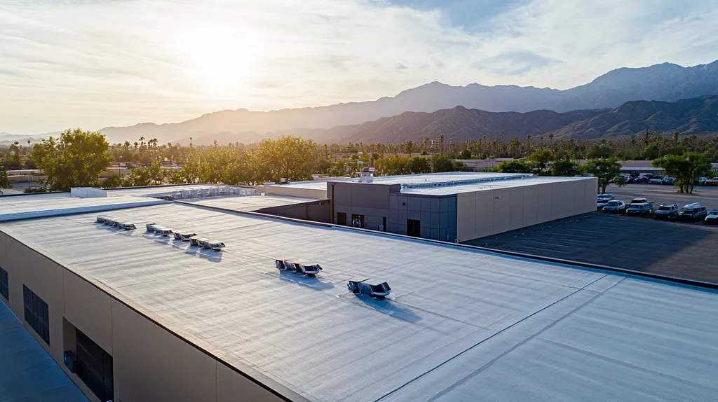 A commercial roof on a manufacturing plant in a location similar to Palm Springs with a light beams aesthetic (AI image)