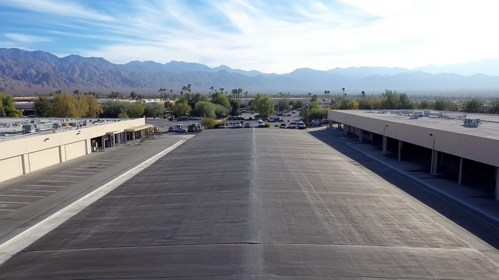 A commercial roof on a manufacturing plant in a location similar to Palm Springs with a light beams aesthetic (AI image)