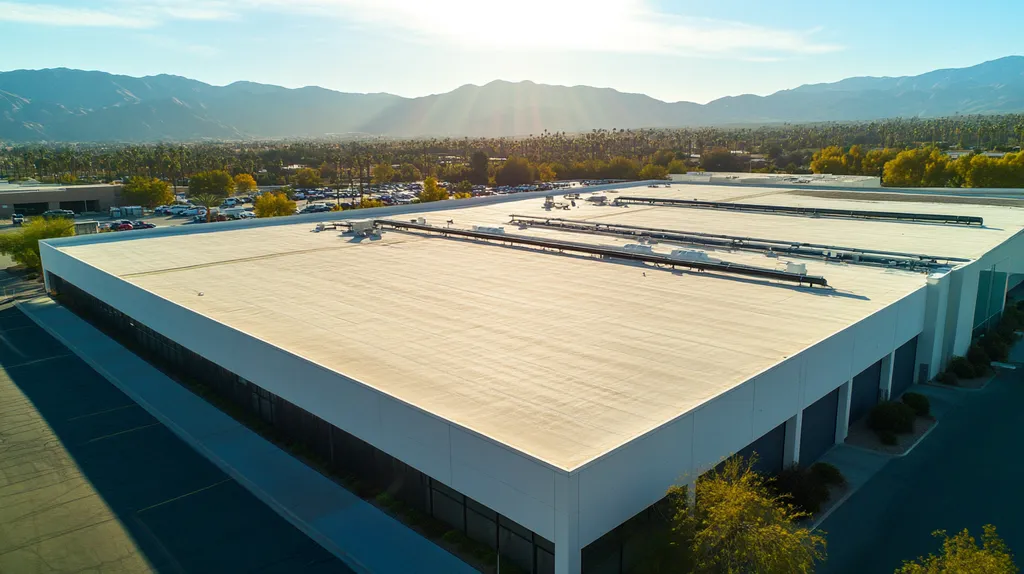 A commercial roof on a manufacturing plant in a location similar to Palm Springs with a light beams aesthetic (AI image)