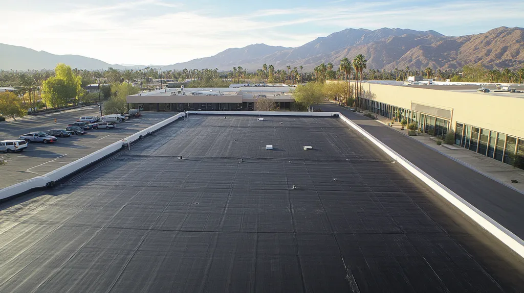 A commercial roof on a manufacturing plant in a location similar to Palm Springs with an urban context aesthetic (AI image)