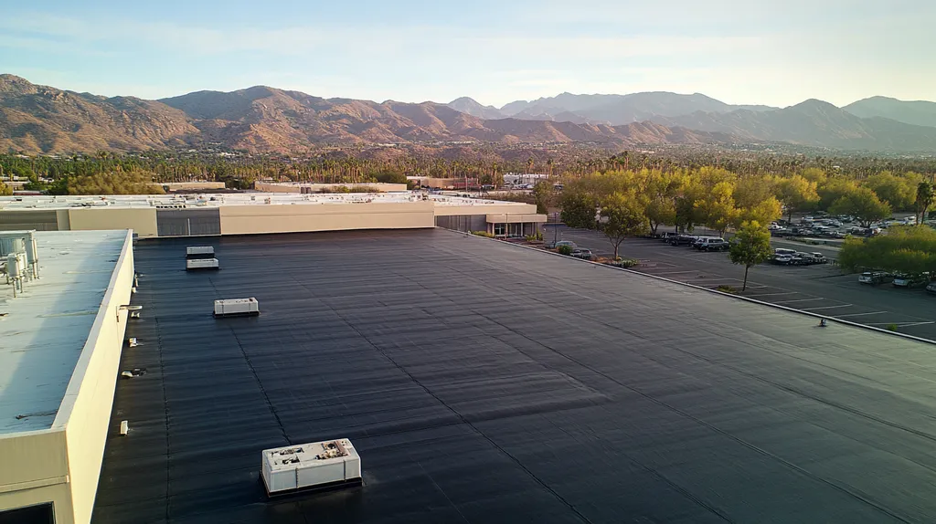 A commercial roof on a manufacturing plant in a location similar to Palm Springs with an urban context aesthetic (AI image)