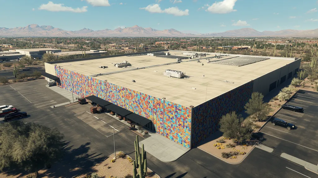 A commercial roof on a manufacturing plant in a location similar to Phoenix with a mosaic tile art aesthetic (AI image)