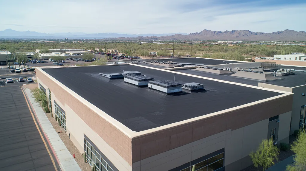 A commercial roof on a manufacturing plant in a location similar to Phoenix with a urban context aesthetic (AI image)