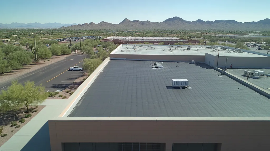 A commercial roof on a manufacturing plant in a location similar to Phoenix with an urban context aesthetic (AI image)