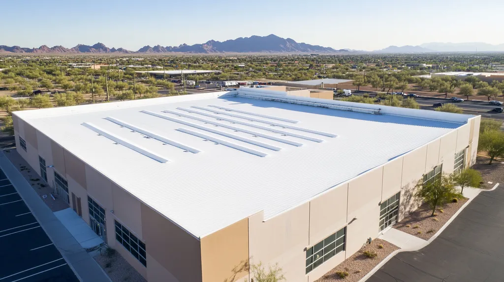 A commercial roof on a manufacturing plant in a location similar to Phoenix with an urban context aesthetic (AI image)