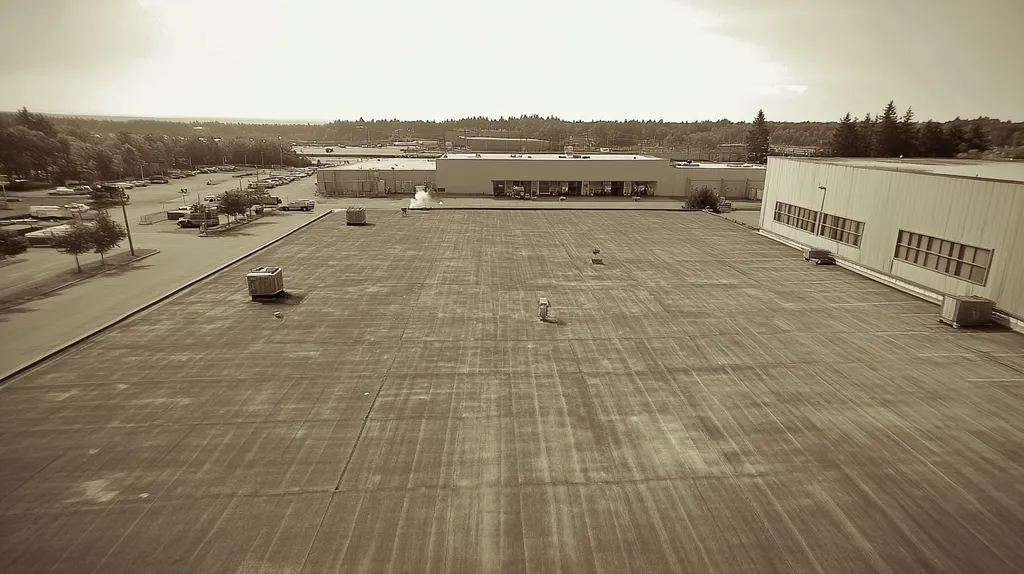 A commercial roof on a manufacturing plant in a location similar to Portland, Maine with a Tintype aesthetic (AI image)