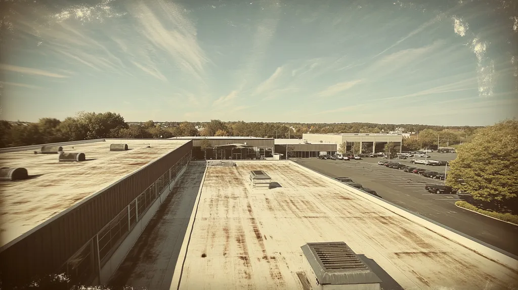 A commercial roof on a manufacturing plant in a location similar to Portland, Maine with a Tintype aesthetic (AI image)