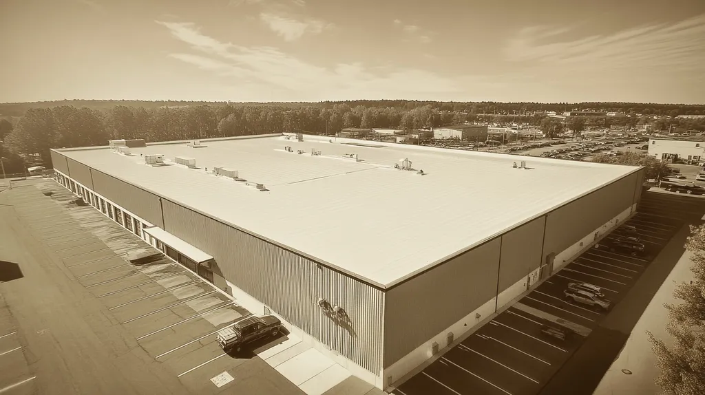 A commercial roof on a manufacturing plant in a location similar to Portland, Maine with a Tintype aesthetic (AI image)