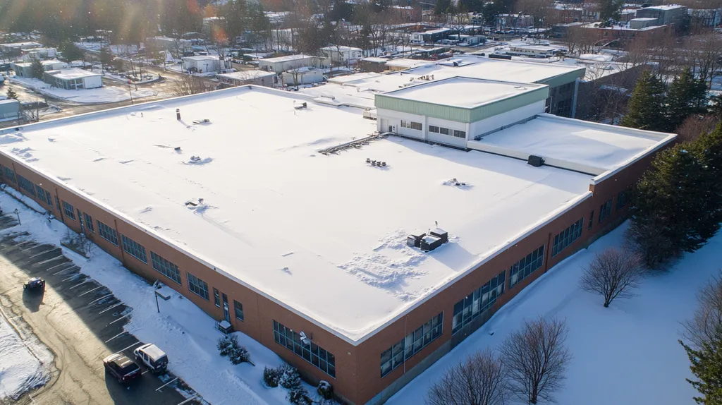 A commercial roof on a manufacturing plant in a location similar to Portland, Maine with a snowy day aesthetic (AI image)