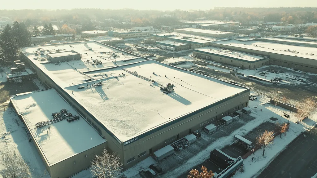 A commercial roof on a manufacturing plant in a location similar to Portland, Maine with a snowy day aesthetic (AI image)