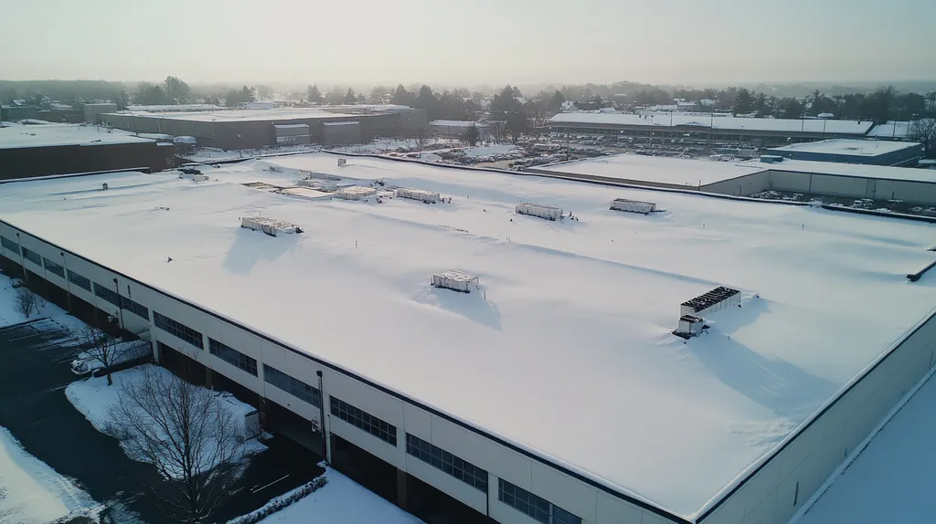 A commercial roof on a manufacturing plant in a location similar to Portland, Maine with a snowy day aesthetic (AI image)