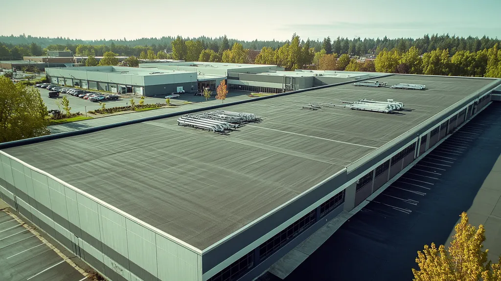 A commercial roof on a manufacturing plant in a location similar to Portland with a Polaroid aesthetic (AI image)