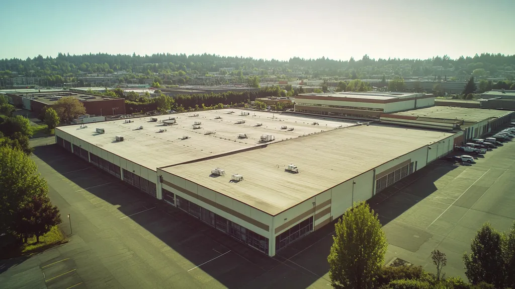 A commercial roof on a manufacturing plant in a location similar to Portland with a Polaroid aesthetic (AI image)