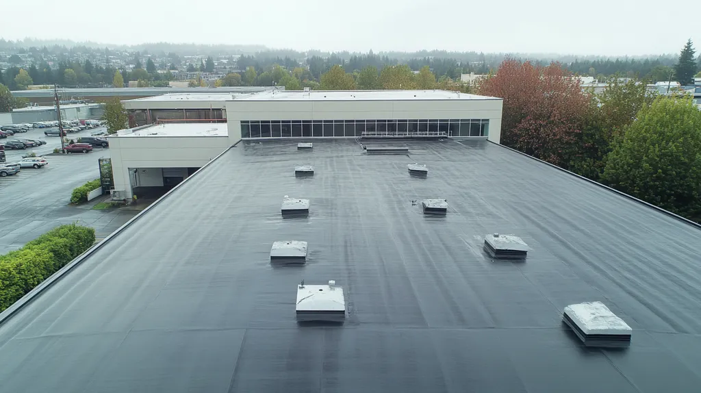 A commercial roof on a manufacturing plant in a location similar to Portland with a rainy day aesthetic (AI image)