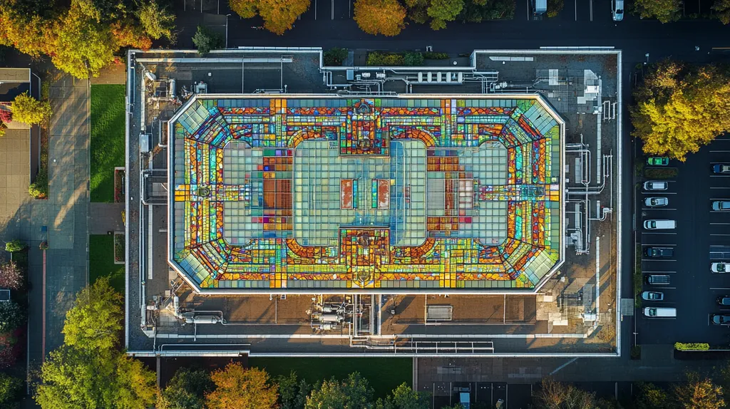 A commercial roof on a manufacturing plant in a location similar to Portland with a stained glass style aesthetic (AI image)