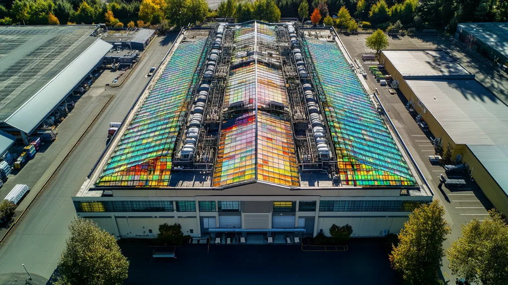 A commercial roof on a manufacturing plant in a location similar to Portland with a stained glass style aesthetic (AI image)