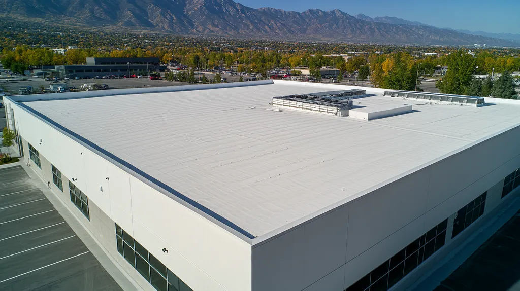 A commercial roof on a manufacturing plant in a location similar to Salt Lake City with an architectural photography aesthetic (AI image)