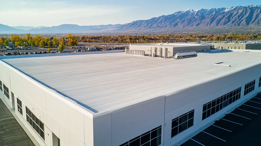 A commercial roof on a manufacturing plant in a location similar to Salt Lake City with an architectural photography aesthetic (AI image)