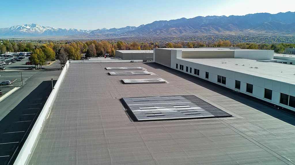 A commercial roof on a manufacturing plant in a location similar to Salt Lake City with an architectural photography aesthetic (AI image)