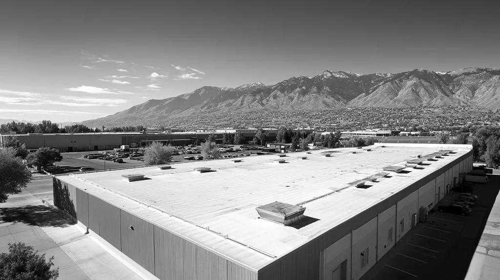 A commercial roof on a manufacturing plant in a location similar to Salt Lake City with a black and white photography aesthetic (AI image)