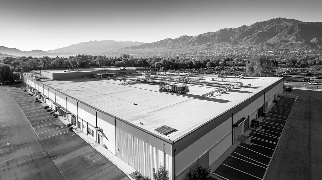 A commercial roof on a manufacturing plant in a location similar to Salt Lake City with a black and white photography aesthetic (AI image)