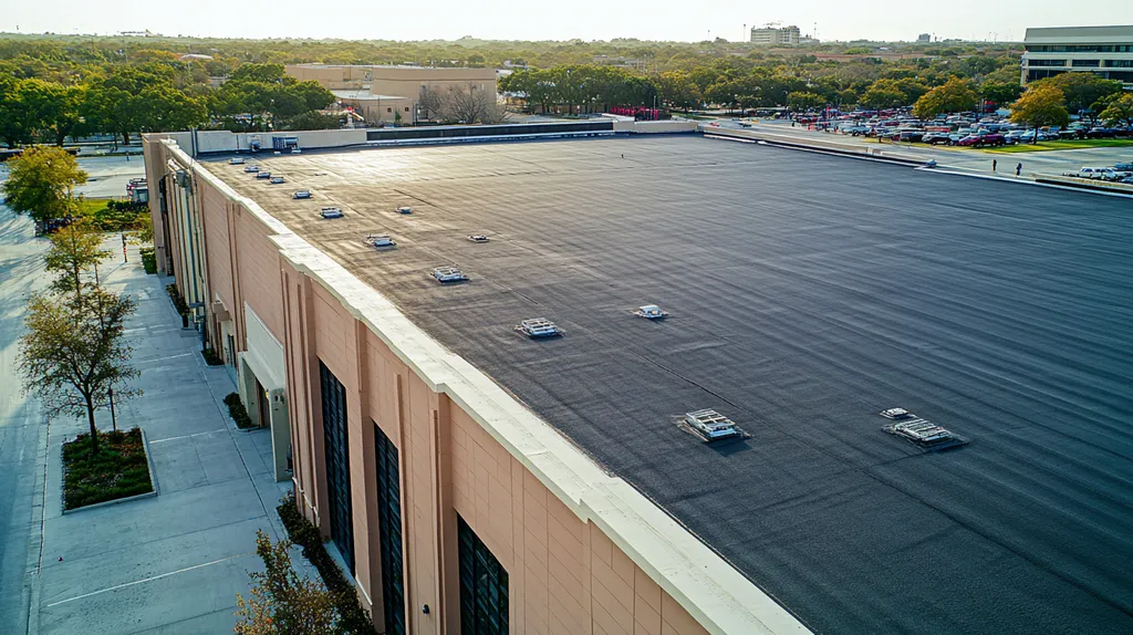 A commercial roof on a manufacturing plant in a location similar to San Antonio with an architectural photography aesthetic (AI image)