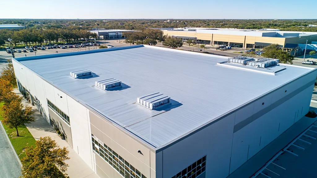 A commercial roof on a manufacturing plant in a location similar to San Antonio with an architectural photography aesthetic (AI image)