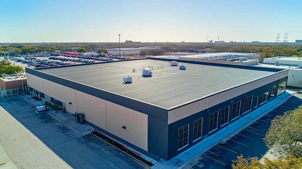 A commercial roof on a manufacturing plant in a location similar to San Antonio with an architectural photography aesthetic (AI image)