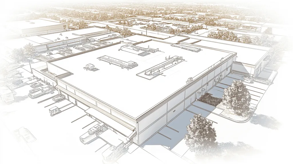 A commercial roof on a manufacturing plant in a location similar to San Antonio with an architectural sketch rendering aesthetic (AI image)
