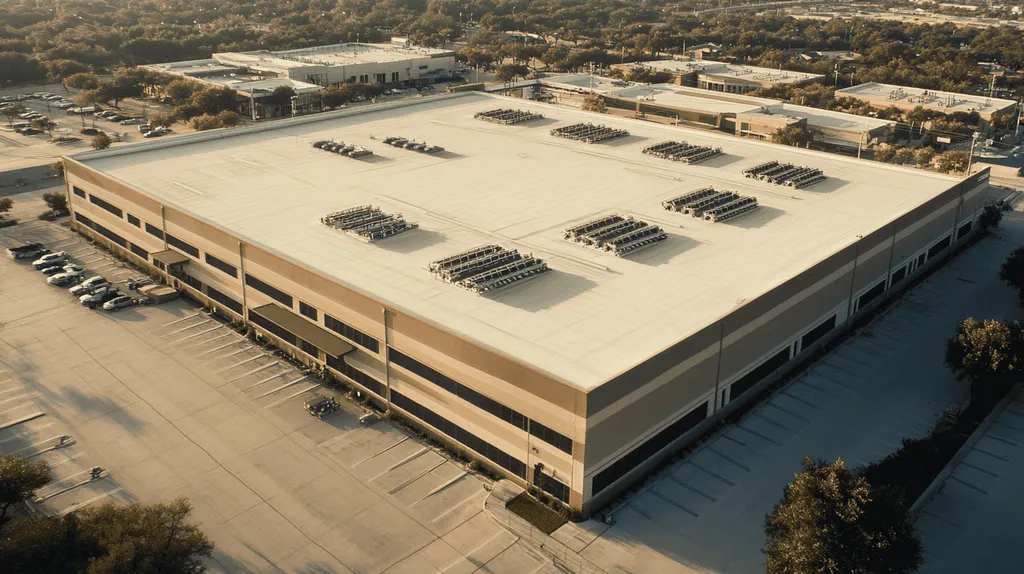 A commercial roof on a manufacturing plant in a location similar to San Antonio with an architectural sketch rendering aesthetic (AI image)