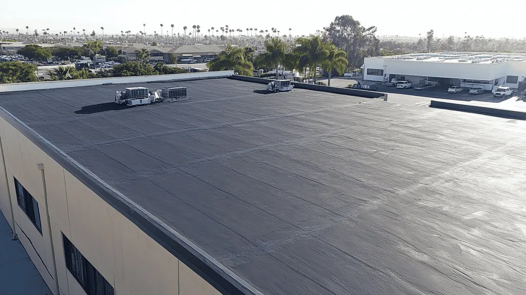 A commercial roof on a manufacturing plant in a location similar to San Diego with a charcoal sketch aesthetic (AI image)