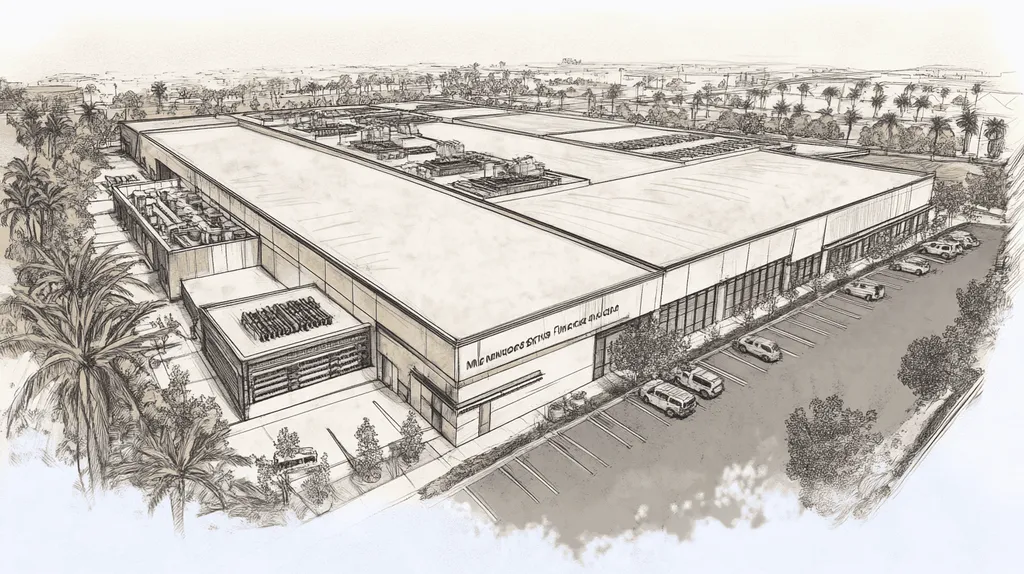 A commercial roof on a manufacturing plant in a location similar to San Diego with a charcoal sketch aesthetic (AI image)