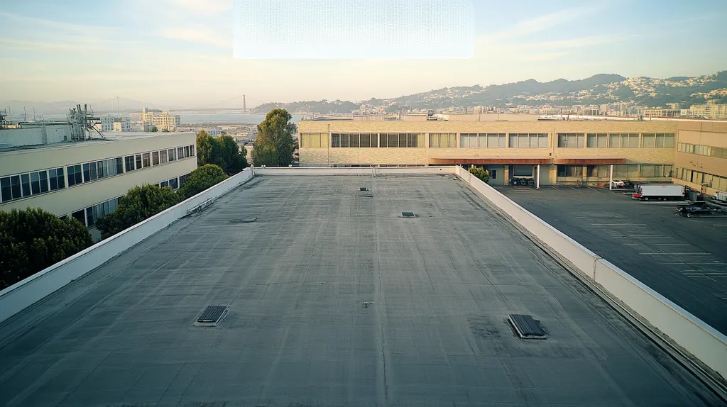 A commercial roof on a manufacturing plant in a location similar to San Francisco with a Polaroid aesthetic (AI image)