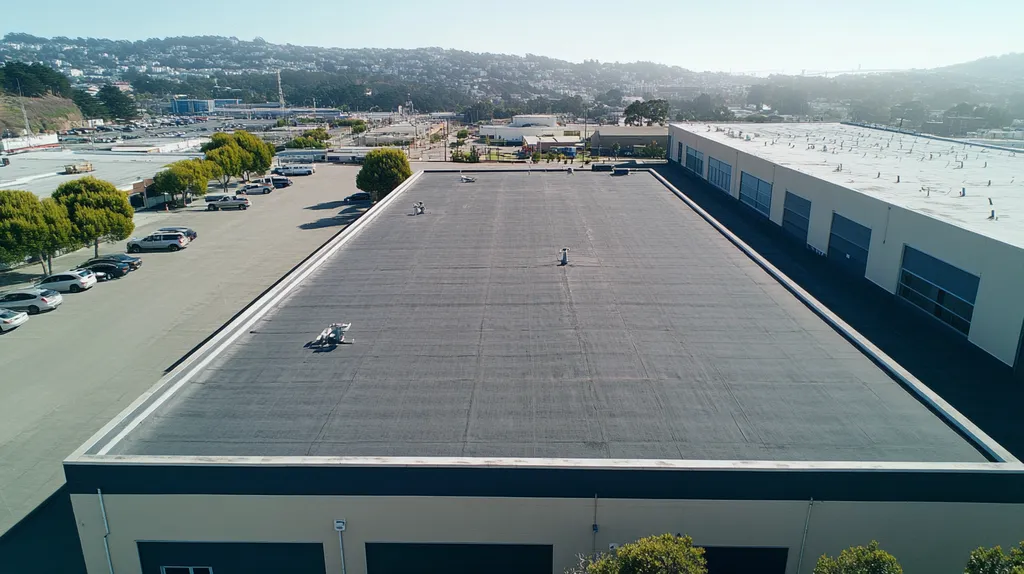 A commercial roof on a manufacturing plant in a location similar to San Francisco with a Polaroid aesthetic (AI image)