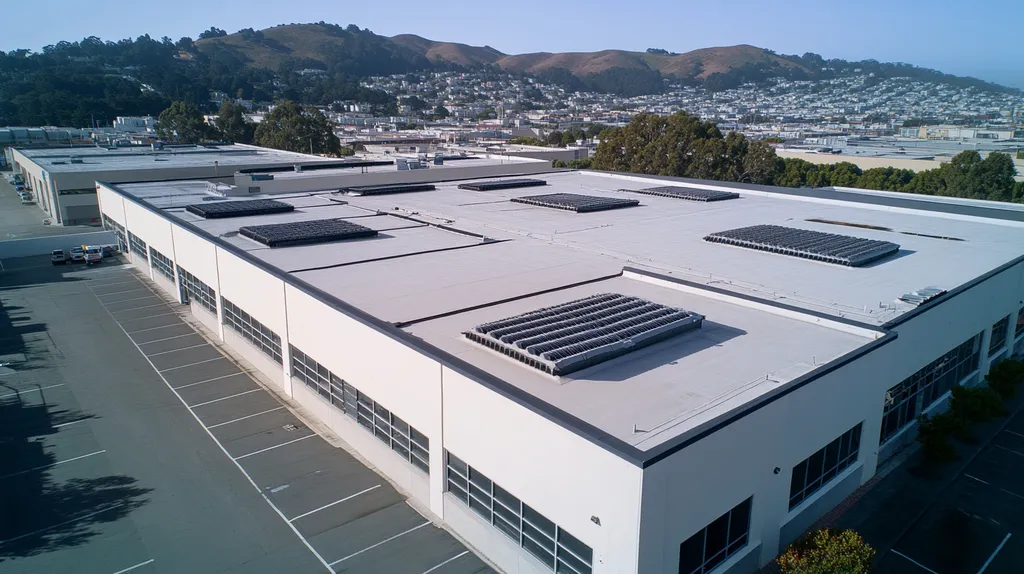 A commercial roof on a manufacturing plant in a location similar to San Francisco with a Polaroid aesthetic (AI image)
