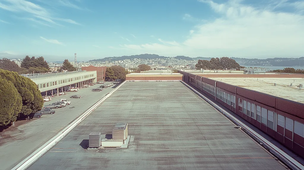 A commercial roof on a manufacturing plant in a location similar to San Francisco with a Polaroid aesthetic (AI image)