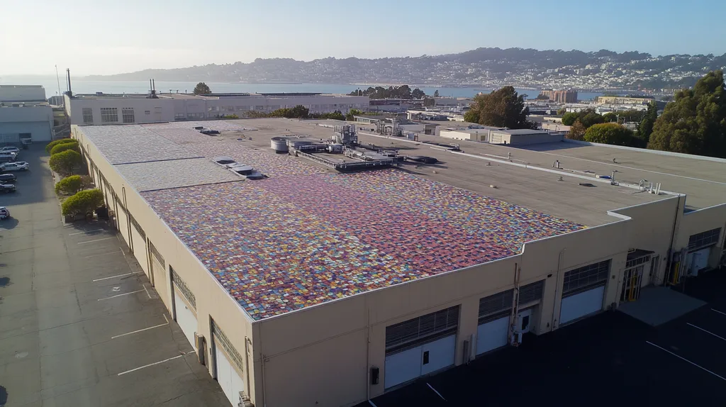 A commercial roof on a manufacturing plant in a location similar to San Francisco with a mosaic tile art aesthetic (AI image)