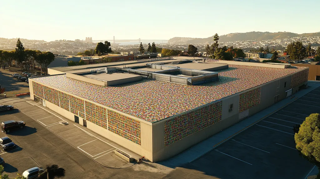 A commercial roof on a manufacturing plant in a location similar to San Francisco with a mosaic tile art aesthetic (AI image)