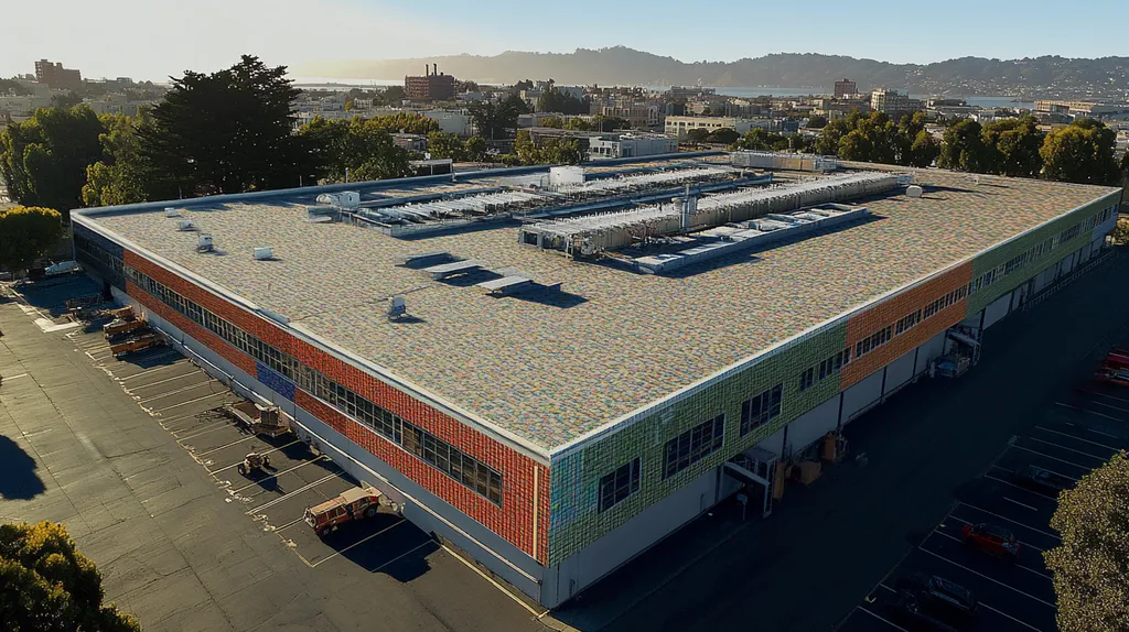 A commercial roof on a manufacturing plant in a location similar to San Francisco with a mosaic tile art aesthetic (AI image)