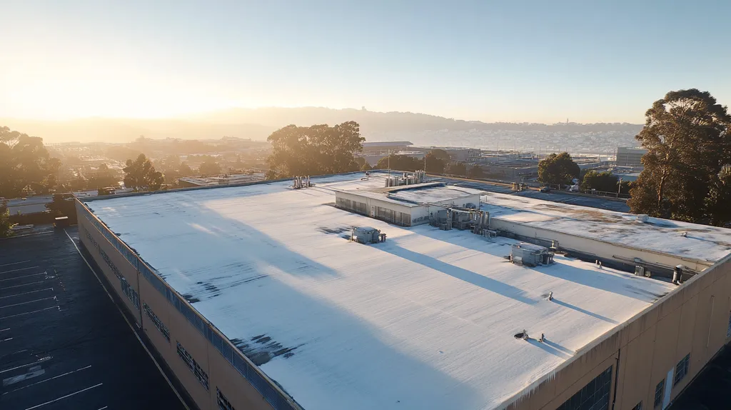 A commercial roof on a manufacturing plant in a location similar to San Francisco with a snowy day aesthetic (AI image)