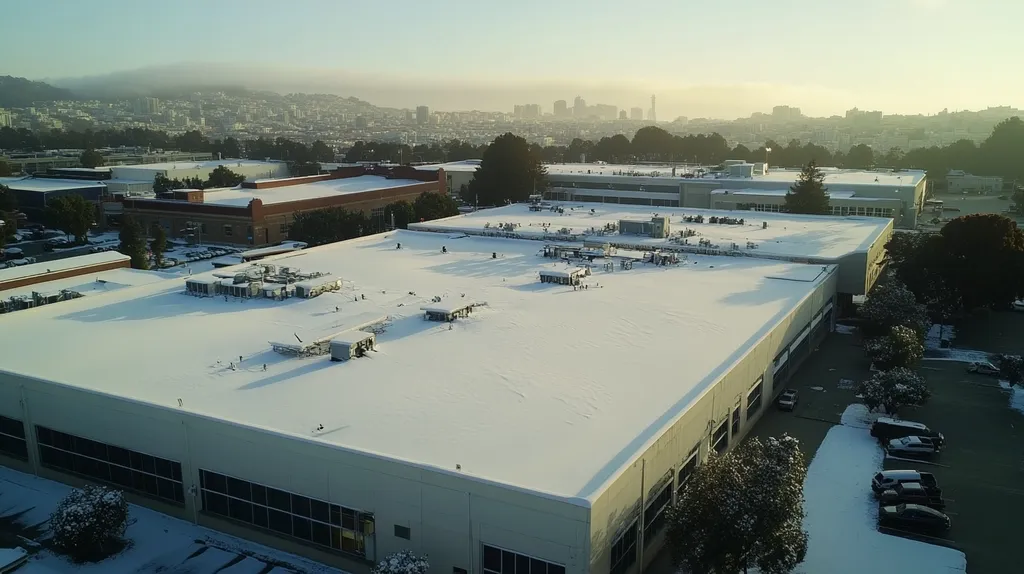 A commercial roof on a manufacturing plant in a location similar to San Francisco with a snowy day aesthetic (AI image)