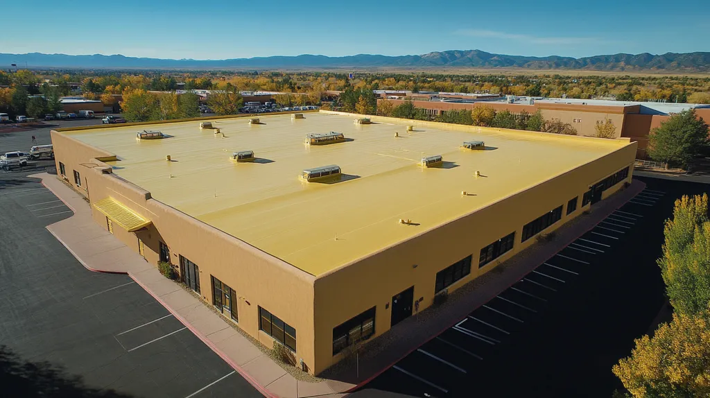 A commercial roof on a manufacturing plant in a location similar to Santa Fe with a solid gold aesthetic (AI image)