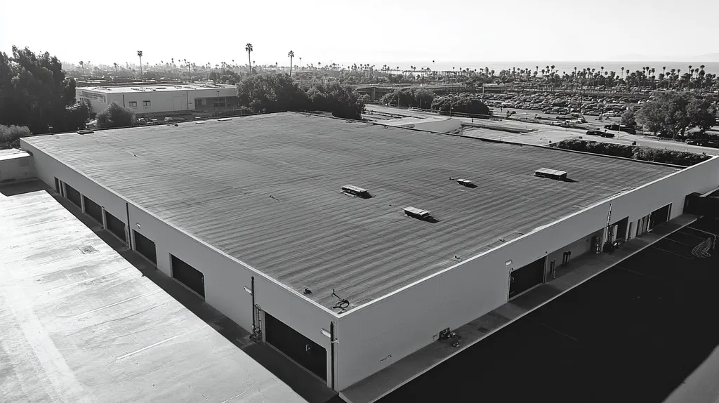 A commercial roof on a manufacturing plant in a location similar to Santa Monica with a black and white photography aesthetic (AI image)