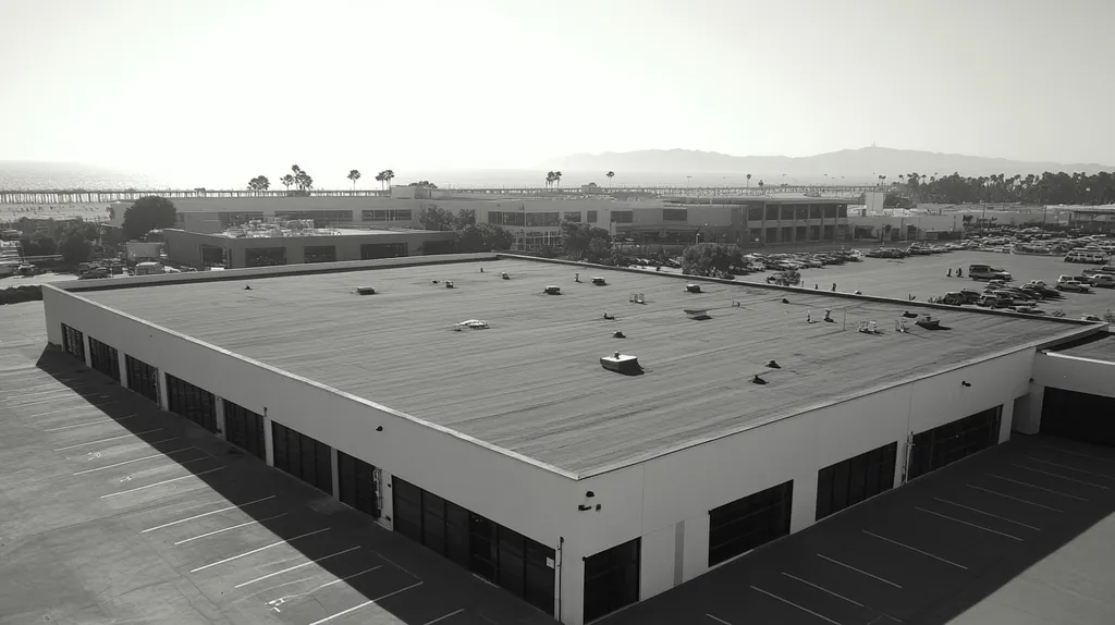 A commercial roof on a manufacturing plant in a location similar to Santa Monica with a black and white photography aesthetic (AI image)