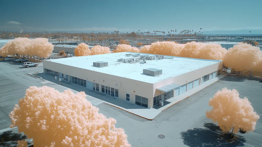 A commercial roof on a manufacturing plant in a location similar to Santa Monica with an infrared photography aesthetic (AI image)