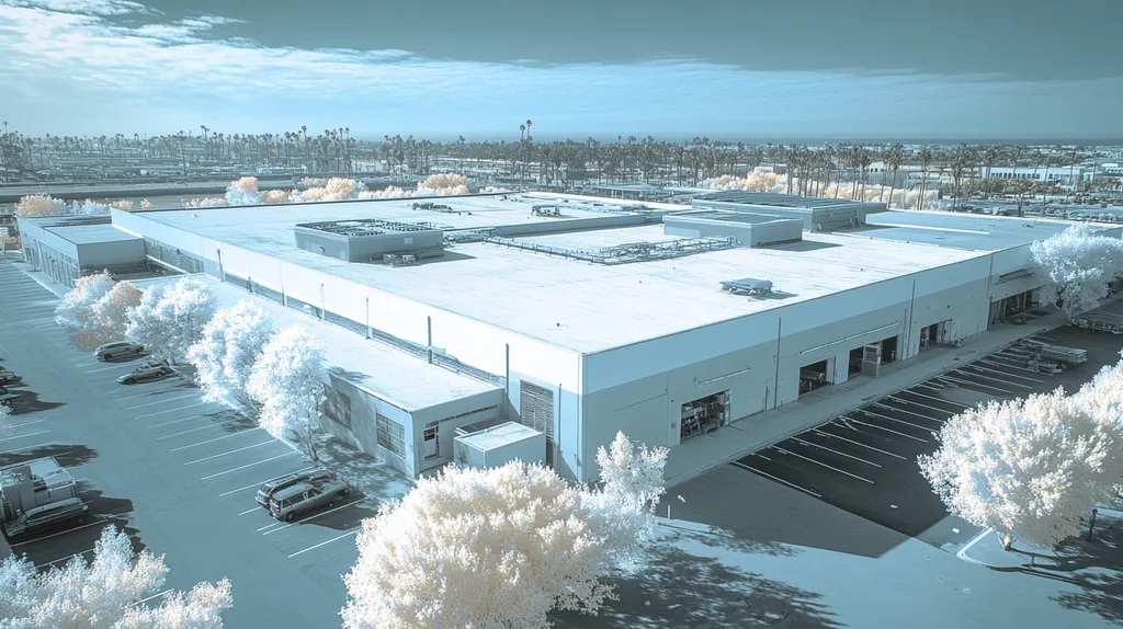 A commercial roof on a manufacturing plant in a location similar to Santa Monica with an infrared photography aesthetic (AI image)