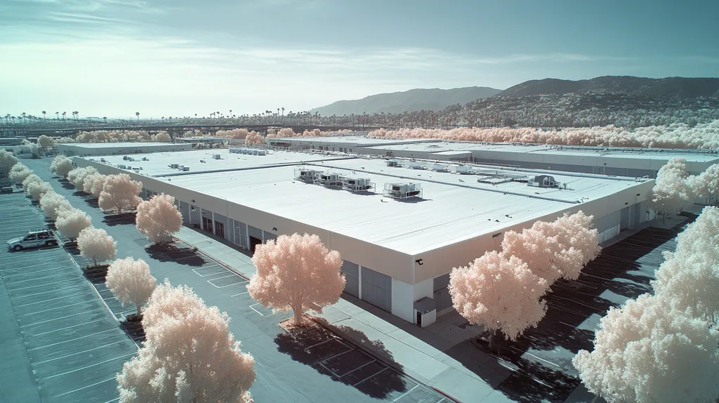 A commercial roof on a manufacturing plant in a location similar to Santa Monica with an infrared photography aesthetic (AI image)