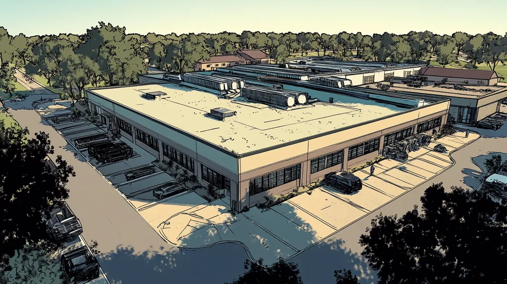 A commercial roof on a manufacturing plant in a location similar to Savannah with a comic book style aesthetic (AI image)