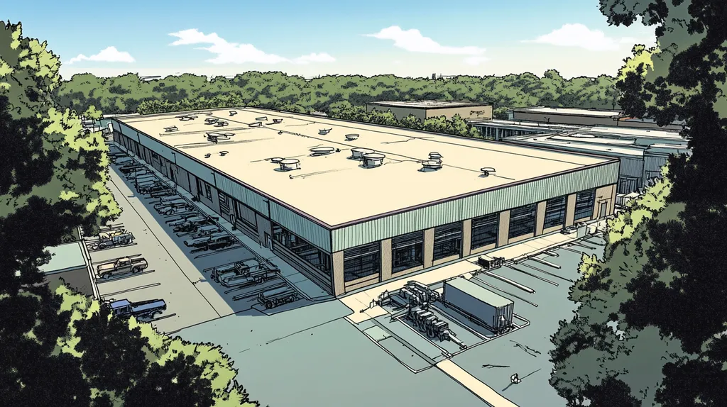 A commercial roof on a manufacturing plant in a location similar to Savannah with a comic book style aesthetic (AI image)